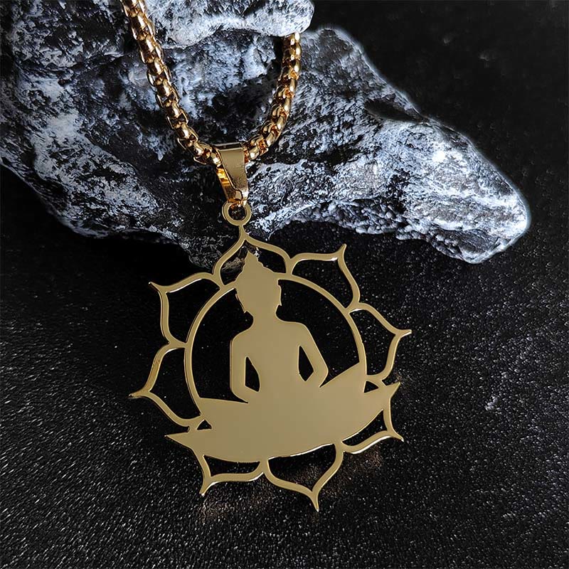 Collar con colgante de acero inoxidable con diseño de Buda sentado y loto vintage con Buddha Stones. - Oro - image 1