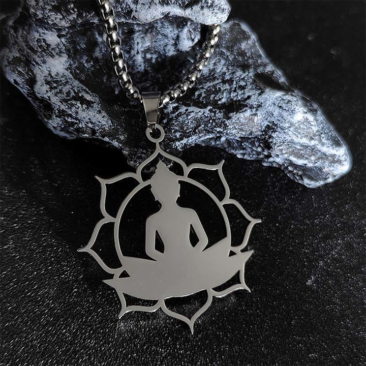 Collar con colgante de acero inoxidable con diseño de Buda sentado y loto vintage con Buddha Stones. - Plata - image 7