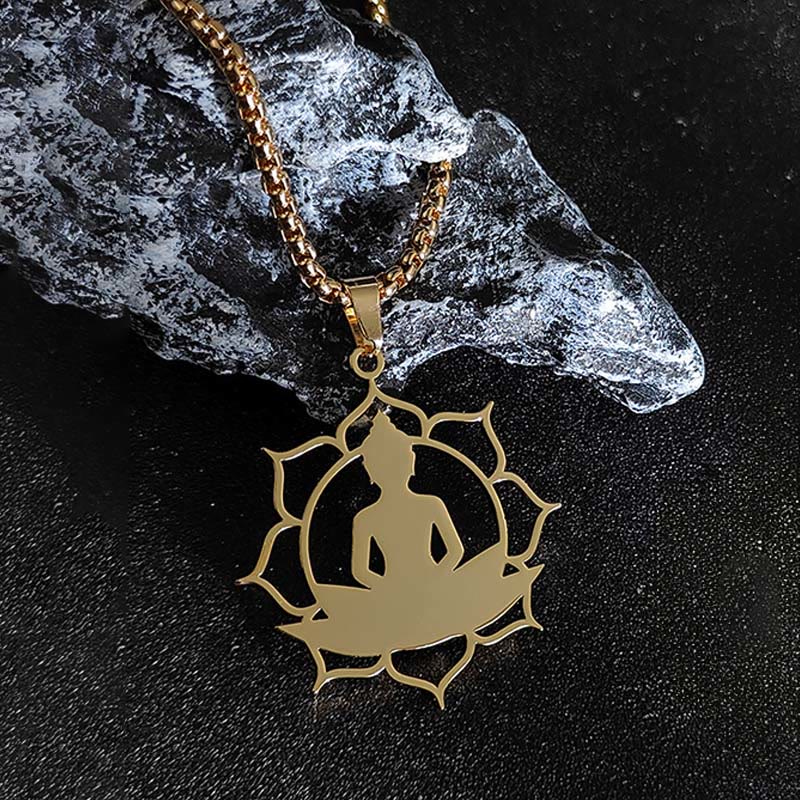 Collar con colgante de acero inoxidable con diseño de Buda sentado y loto vintage con Buddha Stones. - image 2