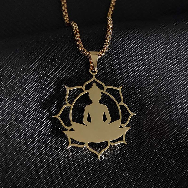 Collar con colgante de acero inoxidable con diseño de Buda sentado y loto vintage con Buddha Stones. - image 3