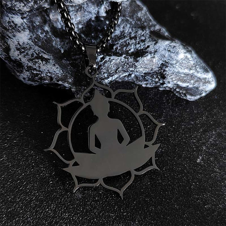Collar con colgante de acero inoxidable con diseño de Buda sentado y loto vintage con Buddha Stones. - Negro - image 11