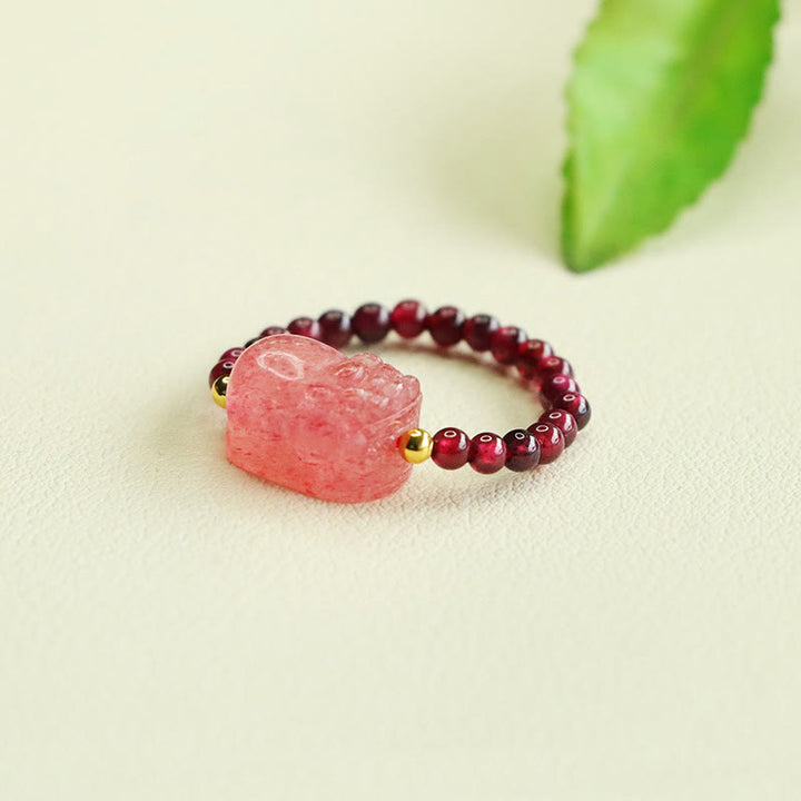 Anillo de protección Pixiu con cuentas de granate y cuarzo fresa y Buddha Stones - image 5