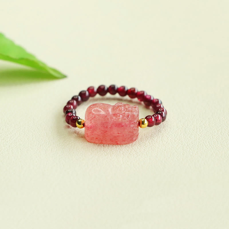Anillo de protección Pixiu con cuentas de granate y cuarzo fresa y Buddha Stones - Cuenta de granate (ajustable) - image 1