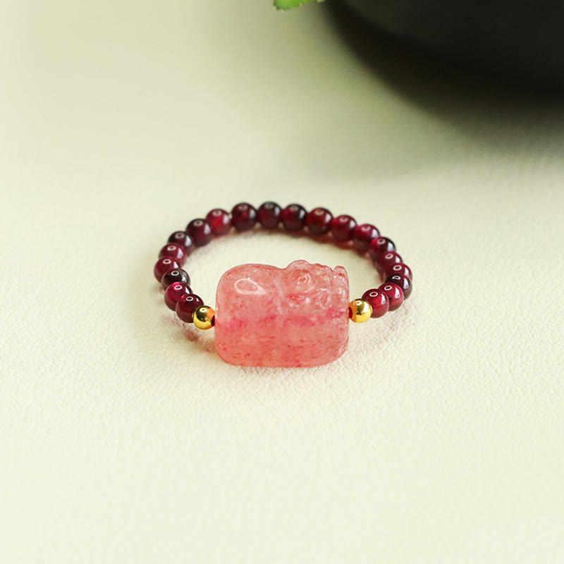 Anillo de protección Pixiu con cuentas de granate y cuarzo fresa y Buddha Stones - image 2