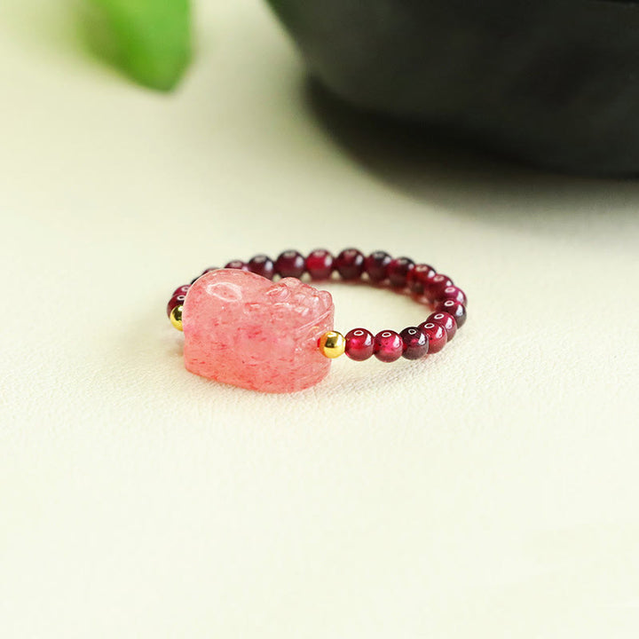 Anillo de protección Pixiu con cuentas de granate y cuarzo fresa y Buddha Stones - image 4