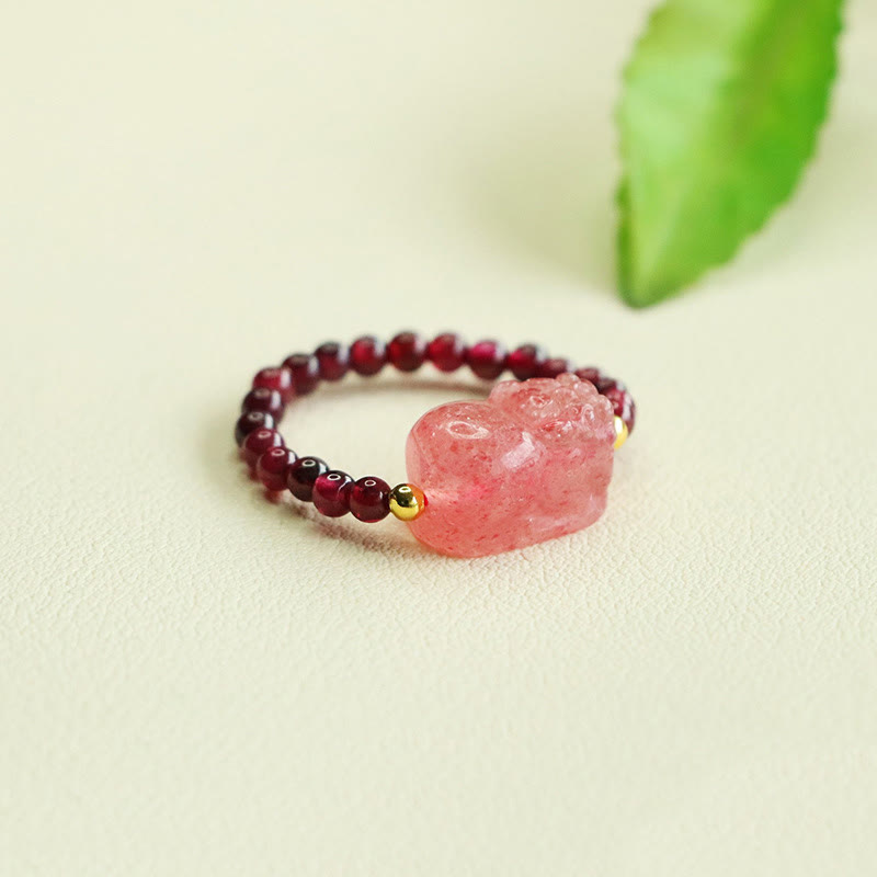 Anillo de protección Pixiu con cuentas de granate y cuarzo fresa y Buddha Stones - image 6