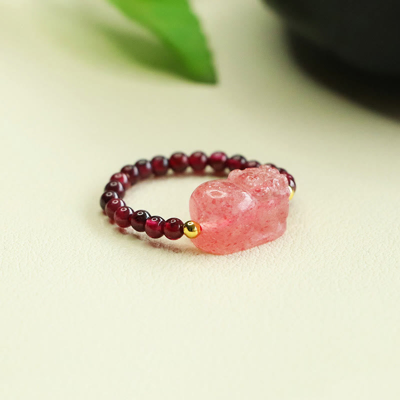 Anillo de protección Pixiu con cuentas de granate y cuarzo fresa y Buddha Stones - image 3