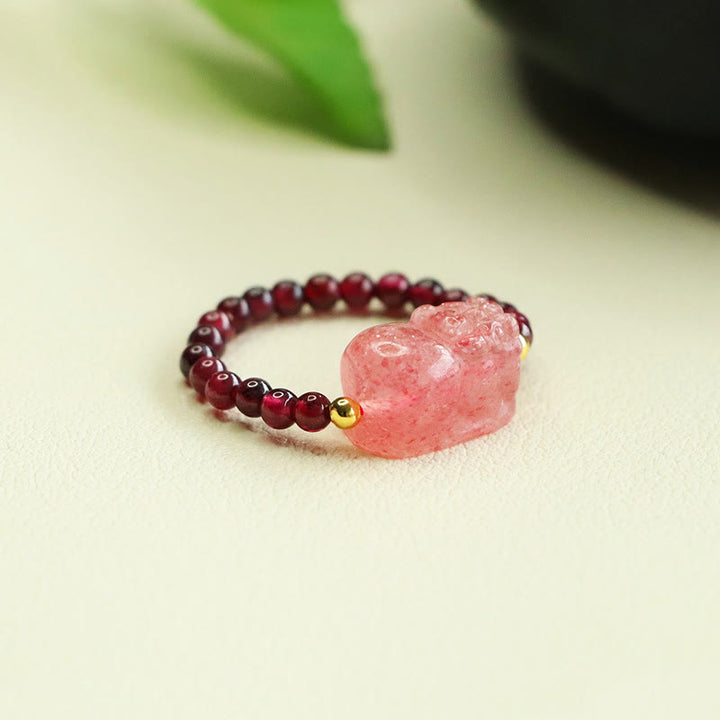 Anillo de protección Pixiu con cuentas de granate y cuarzo fresa y Buddha Stones - image 3