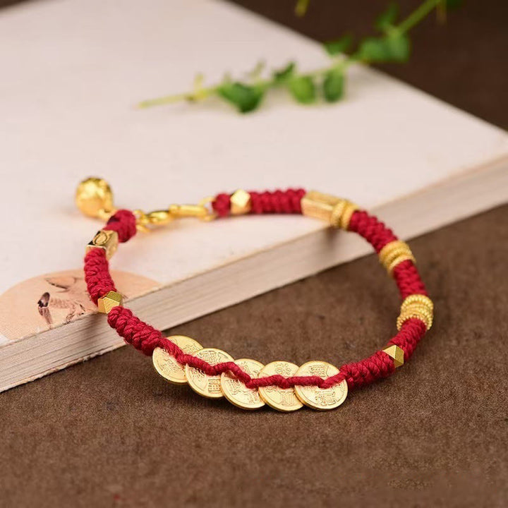 Pulsera trenzada de hilo de riqueza hecha a mano con cinco monedas imperiales y Buddha Stones - Cuerda roja (circunferencia de la muñeca: 15-19 cm) - image 1