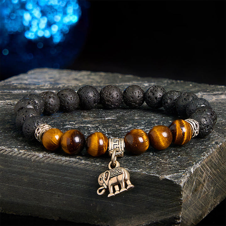Pulsera curativa con cuentas de cristal de roca de lava negra y Buddha Stones con diseño animal - Patrón de elefante (circunferencia de la muñeca: 15-17 cm) - image 1