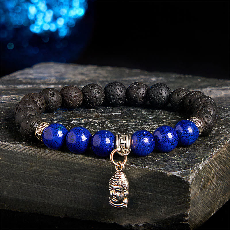 Pulsera curativa con cuentas de cristal de roca de lava negra y Buddha Stones con diseño animal - Patrón de cabeza de Buda (circunferencia de la muñeca: 15-17 cm) - image 9
