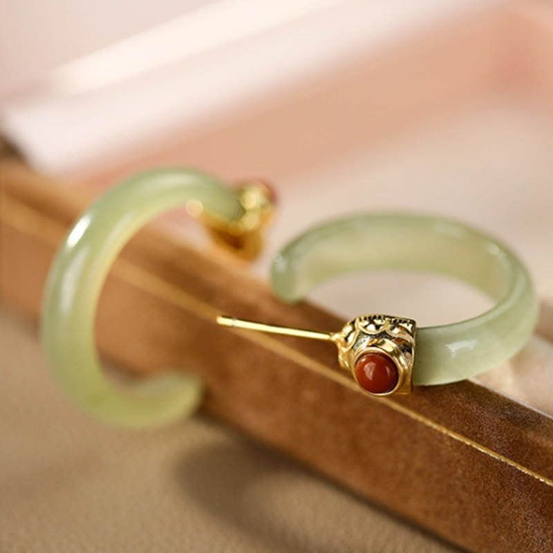 Buddha Stones Pendientes curvos de jade hetiano de plata de ley 925 con la palabra "prosperidad" - image 2