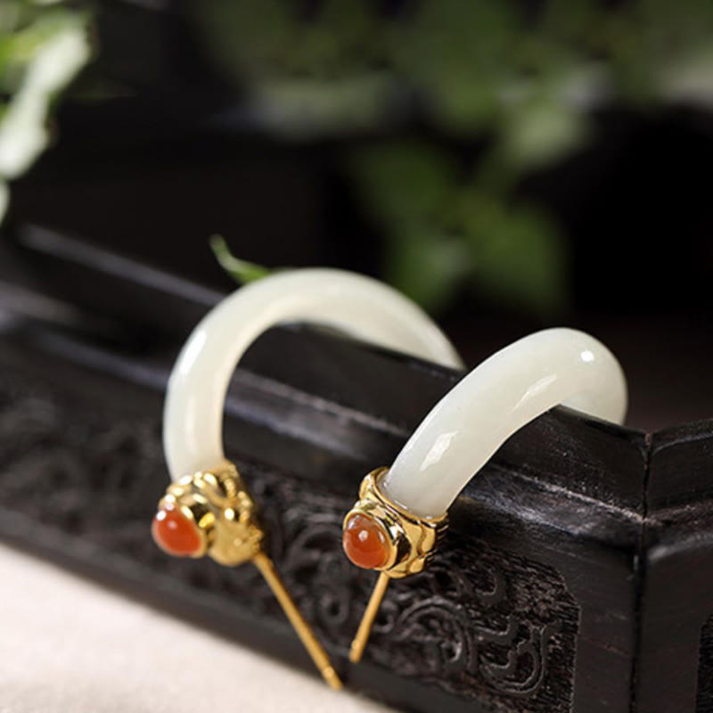 Buddha Stones Pendientes curvos de jade hetiano de plata de ley 925 con la palabra "prosperidad" - image 13