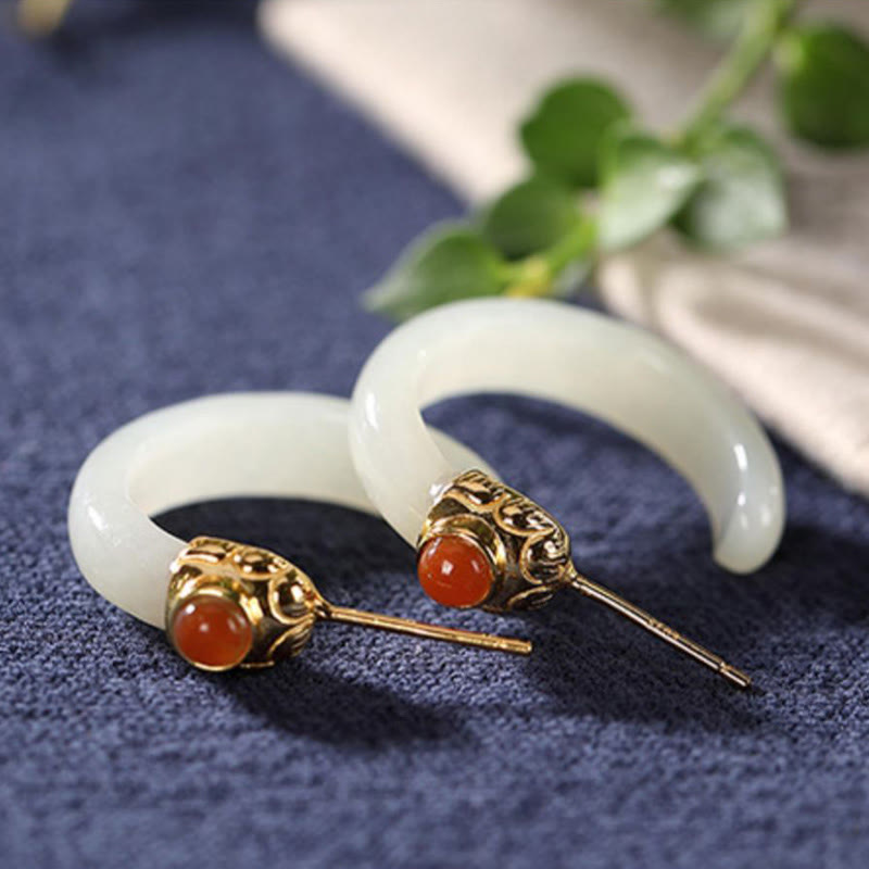 Buddha Stones Pendientes curvos de jade hetiano de plata de ley 925 con la palabra "prosperidad" - Jade blanco (postes de plata de ley 925) - image 9