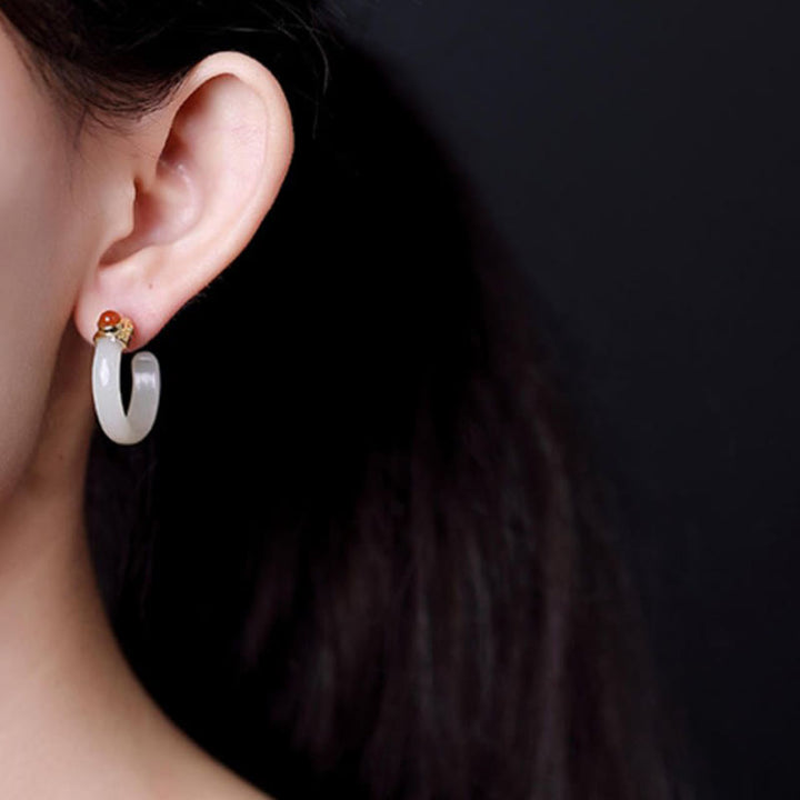 Buddha Stones Pendientes curvos de jade hetiano de plata de ley 925 con la palabra "prosperidad" - image 16