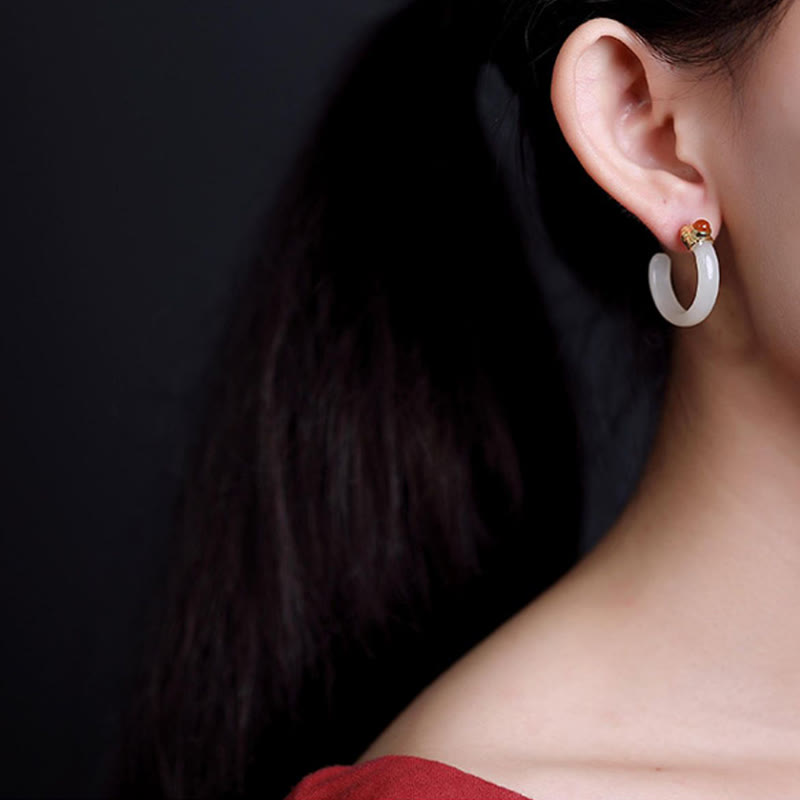 Buddha Stones Pendientes curvos de jade hetiano de plata de ley 925 con la palabra "prosperidad" - image 15