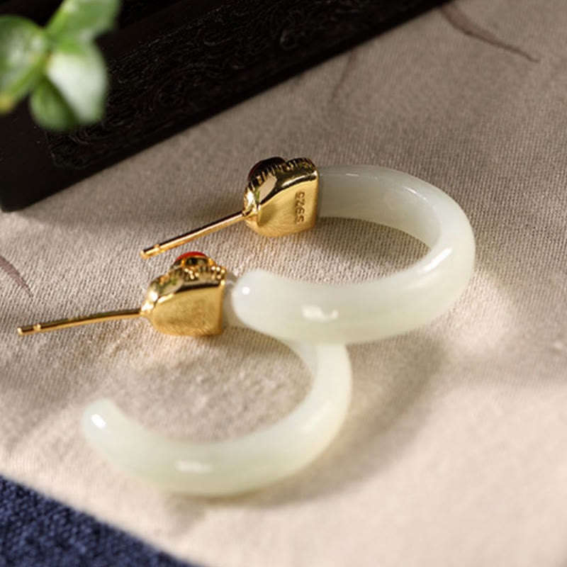 Buddha Stones Pendientes curvos de jade hetiano de plata de ley 925 con la palabra "prosperidad" - image 14