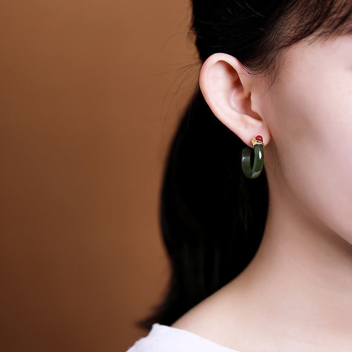 Buddha Stones Pendientes curvos de jade hetiano de plata de ley 925 con la palabra "prosperidad" - image 21