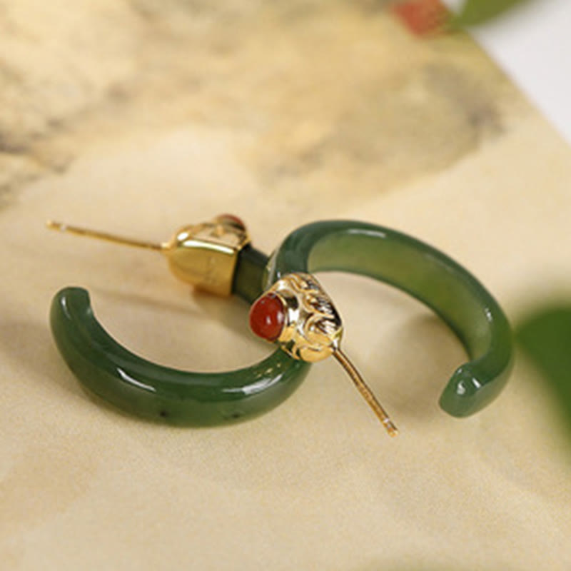 Buddha Stones Pendientes curvos de jade hetiano de plata de ley 925 con la palabra "prosperidad" - image 20