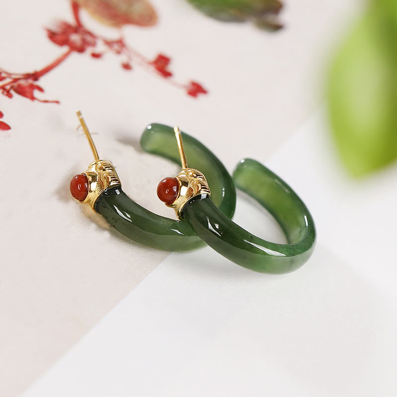 Buddha Stones Pendientes curvos de jade hetiano de plata de ley 925 con la palabra "prosperidad" - Jade cian (postes de plata de ley 925) - image 19