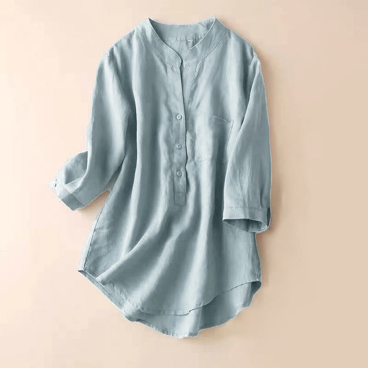 Camisa de lino y algodón lisa con diseño de manga tres cuartos y escote en V para mujer de Buddha Stones - Azul acero claro - US12, UK/AU16, EU44 (3XL) - image 1