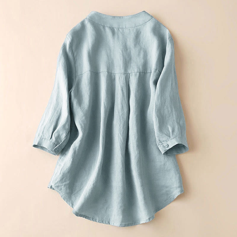 Camisa de lino y algodón lisa con diseño de manga tres cuartos y escote en V para mujer de Buddha Stones - image 2