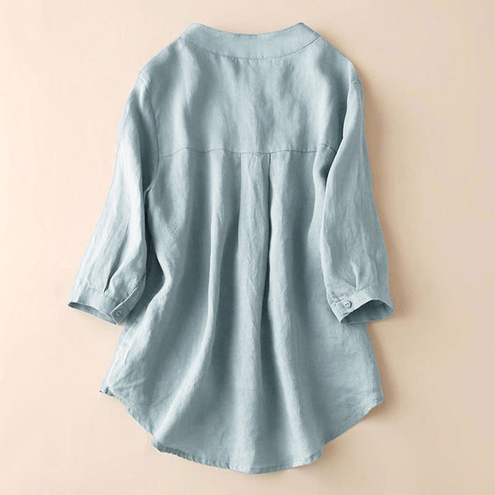 Camisa de lino y algodón lisa con diseño de manga tres cuartos y escote en V para mujer de Buddha Stones - image 2