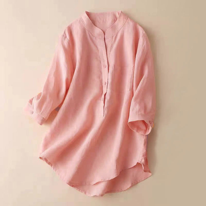 Camisa de lino y algodón lisa con diseño de manga tres cuartos y escote en V para mujer de Buddha Stones - 	Salmón - US12, UK/AU16, EU44 (3XL) - image 13