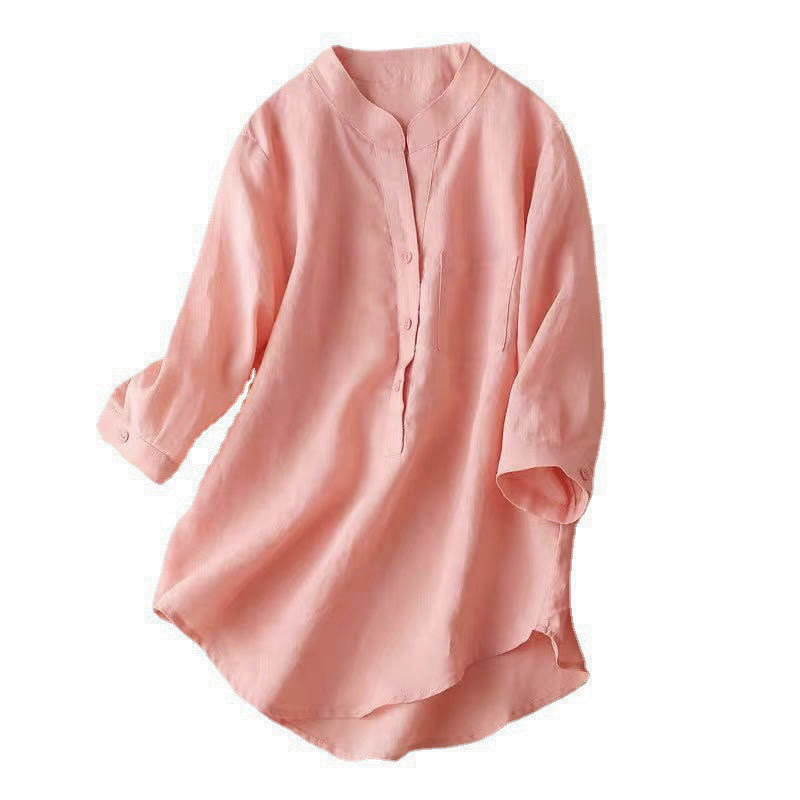 Camisa de lino y algodón lisa con diseño de manga tres cuartos y escote en V para mujer de Buddha Stones - image 18