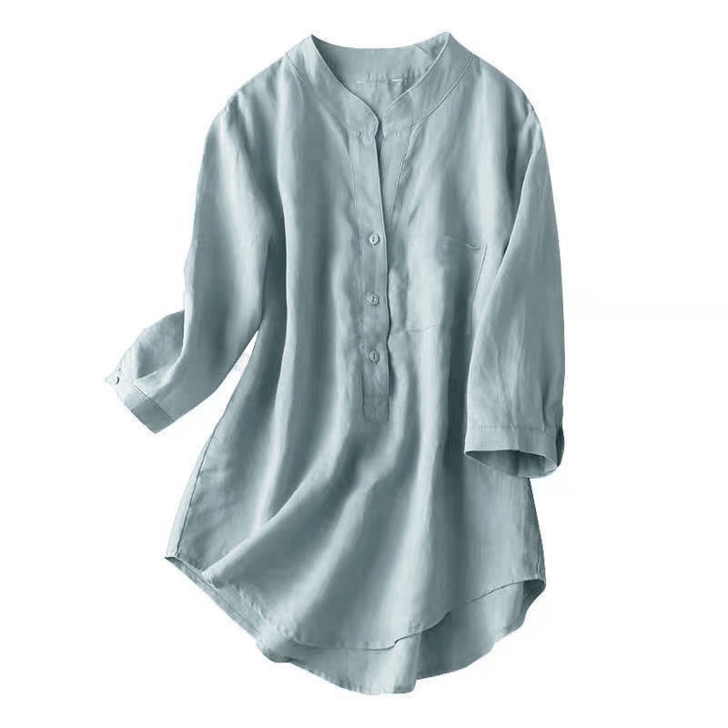 Camisa de lino y algodón lisa con diseño de manga tres cuartos y escote en V para mujer de Buddha Stones - image 4