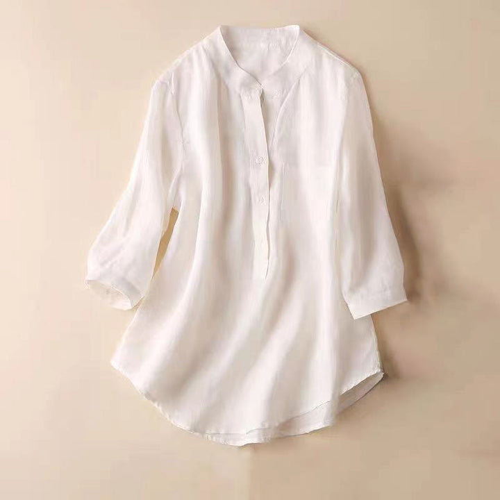 Camisa de lino y algodón lisa con diseño de manga tres cuartos y escote en V para mujer de Buddha Stones - Blanco - US12, UK/AU16, EU44 (3XL) - image 8