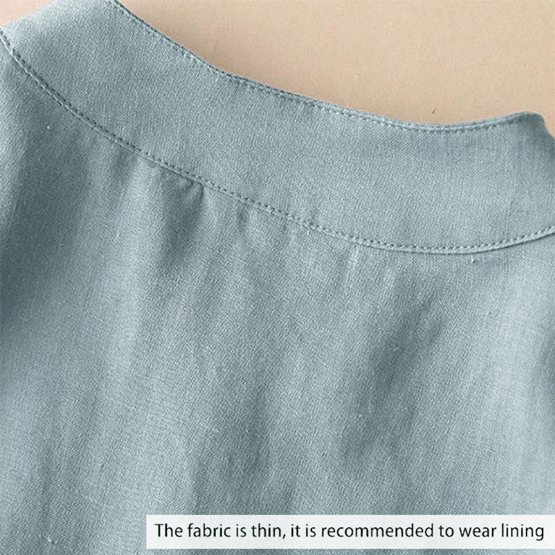 Camisa de lino y algodón lisa con diseño de manga tres cuartos y escote en V para mujer de Buddha Stones - image 3