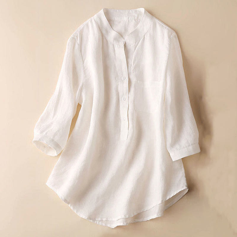 Camisa de lino y algodón lisa con diseño de manga tres cuartos y escote en V para mujer de Buddha Stones - image 11