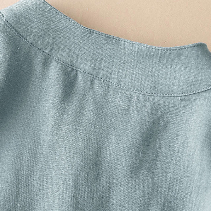 Camisa de lino y algodón lisa con diseño de manga tres cuartos y escote en V para mujer de Buddha Stones - image 7