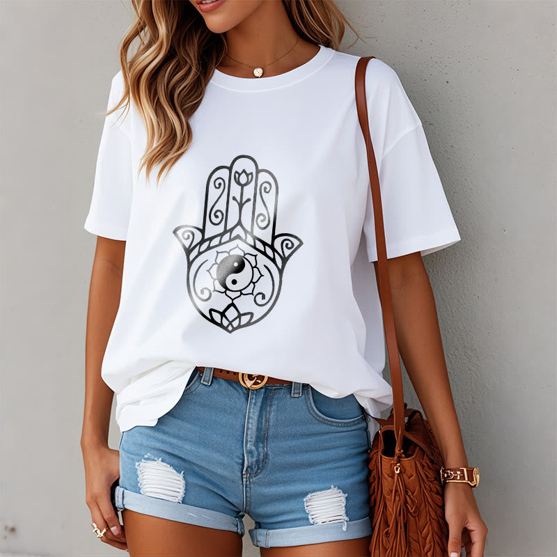 Camiseta de algodón con diseño de mano de Fátima y Buddha Stones y Yin Yang - image 10