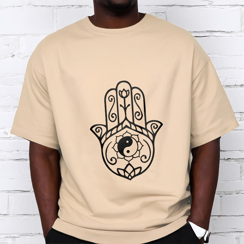 Camiseta de algodón con diseño de mano de Fátima y Buddha Stones y Yin Yang - image 12