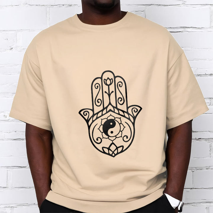Camiseta de algodón con diseño de mano de Fátima y Buddha Stones y Yin Yang - image 12