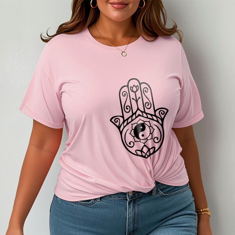 Camiseta de algodón con diseño de mano de Fátima y Buddha Stones y Yin Yang - image 14