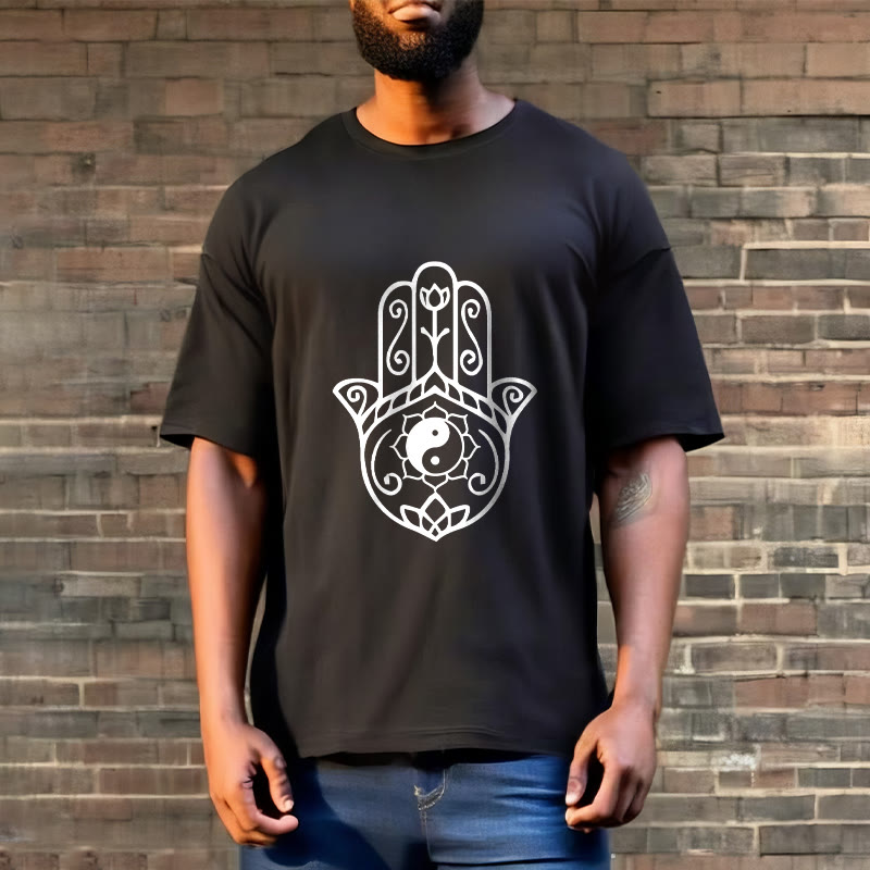 Camiseta de algodón con diseño de mano de Fátima y Buddha Stones y Yin Yang - image 6