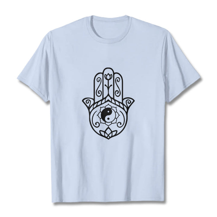 Camiseta de algodón con diseño de mano de Fátima y Buddha Stones y Yin Yang - Cian claro - 2XL - image 19