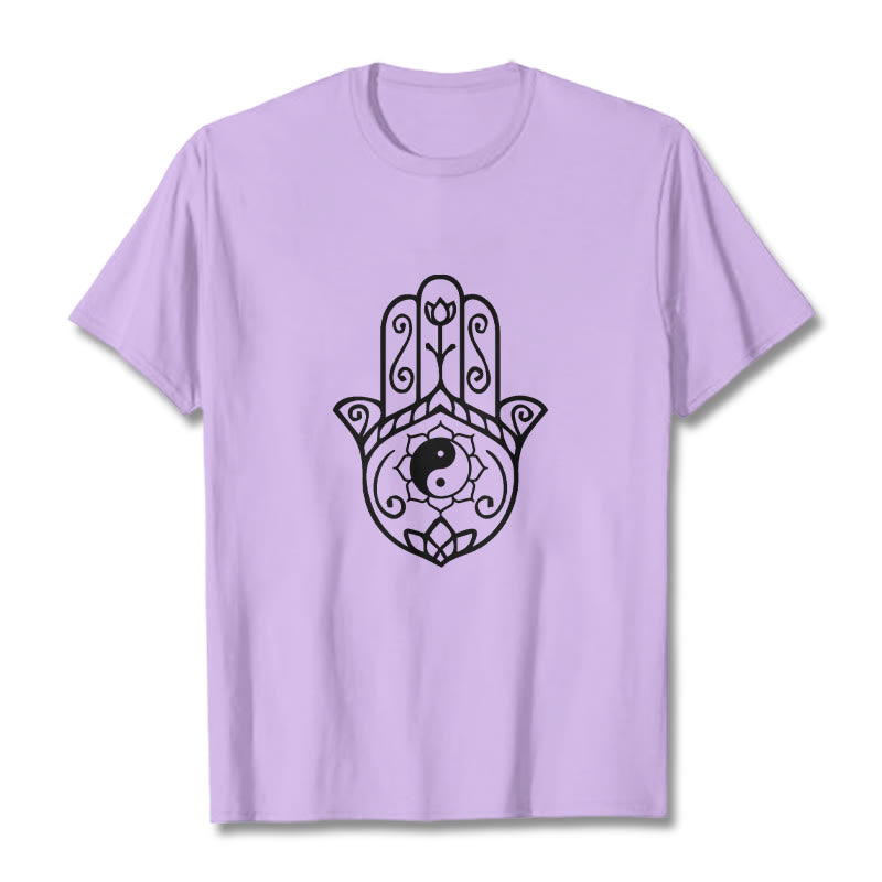 Camiseta de algodón con diseño de mano de Fátima y Buddha Stones y Yin Yang - Ciruela - 2XL - image 17