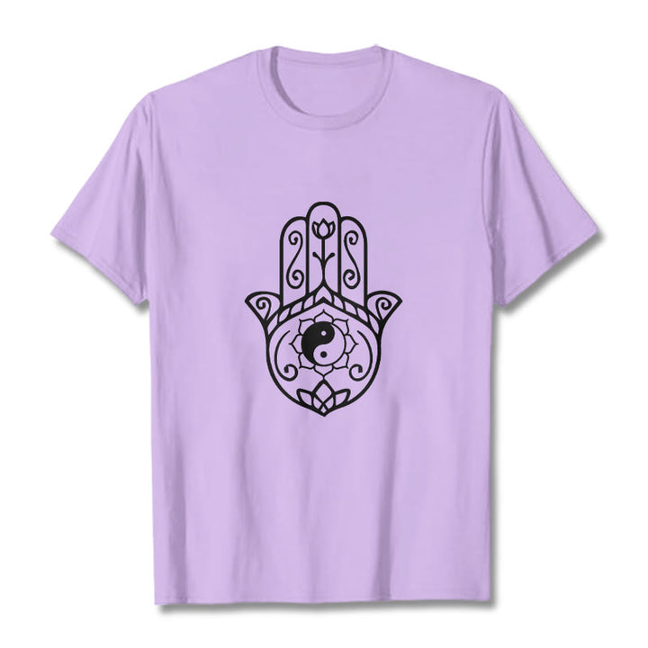 Camiseta de algodón con diseño de mano de Fátima y Buddha Stones y Yin Yang - Ciruela - 2XL - image 17