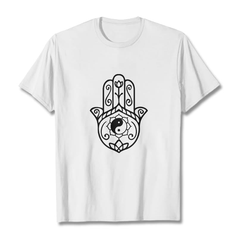 Camiseta de algodón con diseño de mano de Fátima y Buddha Stones y Yin Yang - Blanco - 2XL - image 8