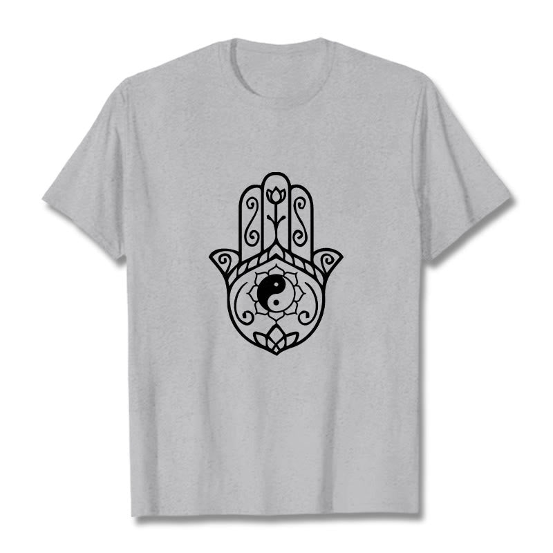 Camiseta de algodón con diseño de mano de Fátima y Buddha Stones y Yin Yang - Gris claro - 2XL - image 20