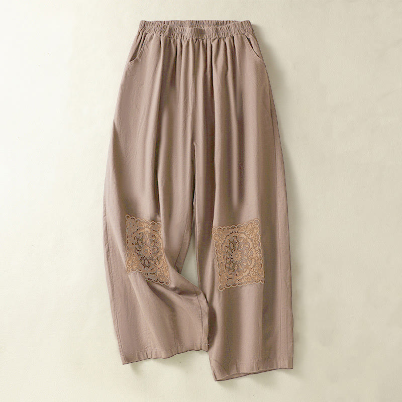 Pantalones harén de lino y algodón para mujer, con bordado de cachemira, estilo vintage de verano, con bolsillos - Chocolate - US8-10，UK/AU12-14，EU40-42 (2XL) - image 0