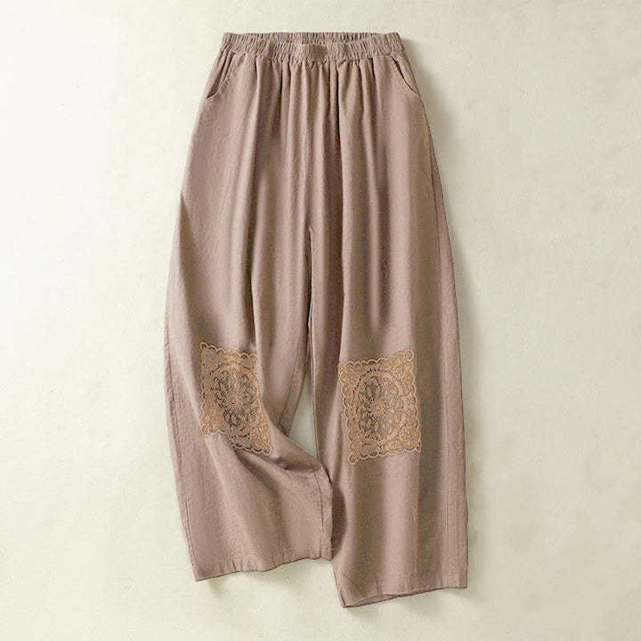 Pantalones harén de lino y algodón para mujer, con bordado de cachemira, estilo vintage de verano, con bolsillos - Chocolate - US8-10，UK/AU12-14，EU40-42 (2XL) - image 0