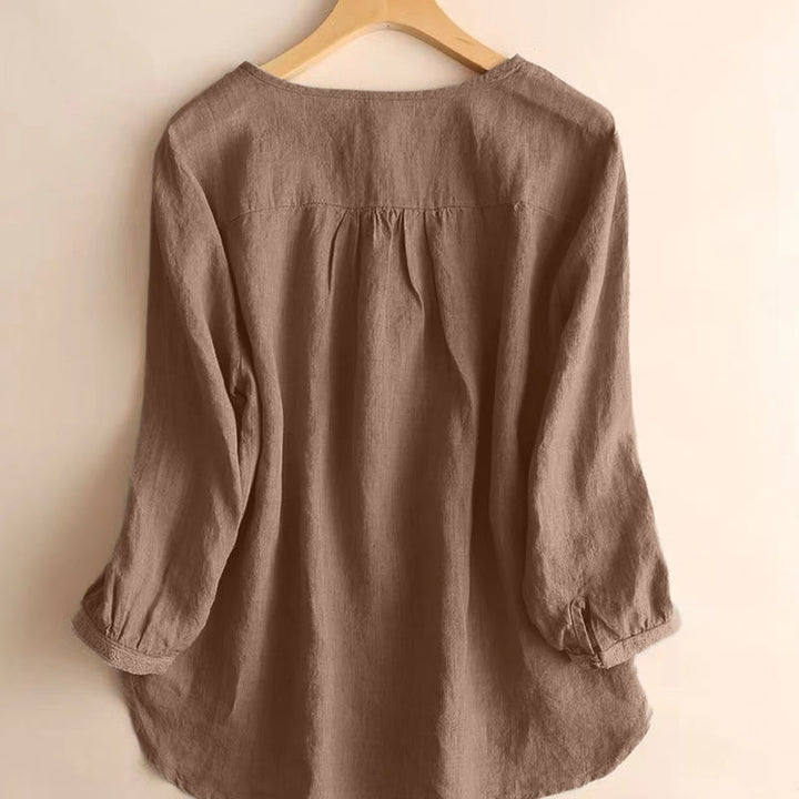Camisa informal de manga tres cuartos con cuello redondo y diseño hueco para mujer Buddha Stones - image 2
