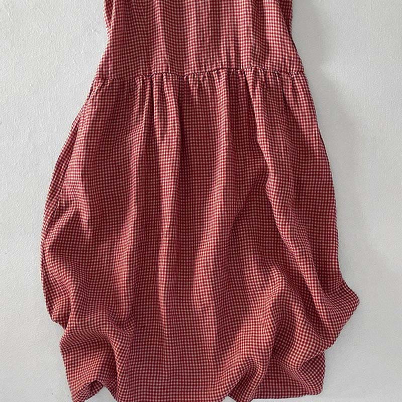 Vestido midi informal de algodón sin mangas con bolsillos y estampado de Buddha Stones, hecho a mano, a cuadros. - image 6