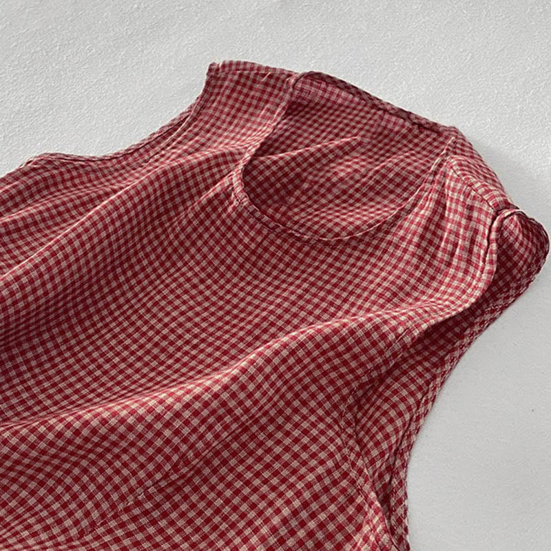 Vestido midi informal de algodón sin mangas con bolsillos y estampado de Buddha Stones, hecho a mano, a cuadros. - image 7