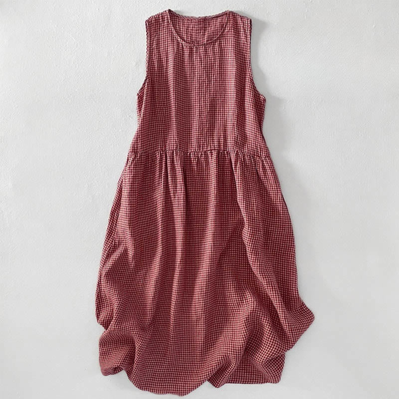 Vestido midi informal de algodón sin mangas con bolsillos y estampado de Buddha Stones, hecho a mano, a cuadros. - Salmón oscuro - US14，UK/AU18，EU46 (2XL) - image 0